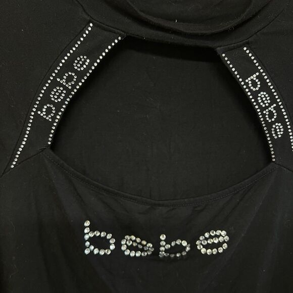 BEBE Crystal Rhinstone Logo Peek A Boo Front Black Crystal Top Mock Neck L - Picture 2 of 3